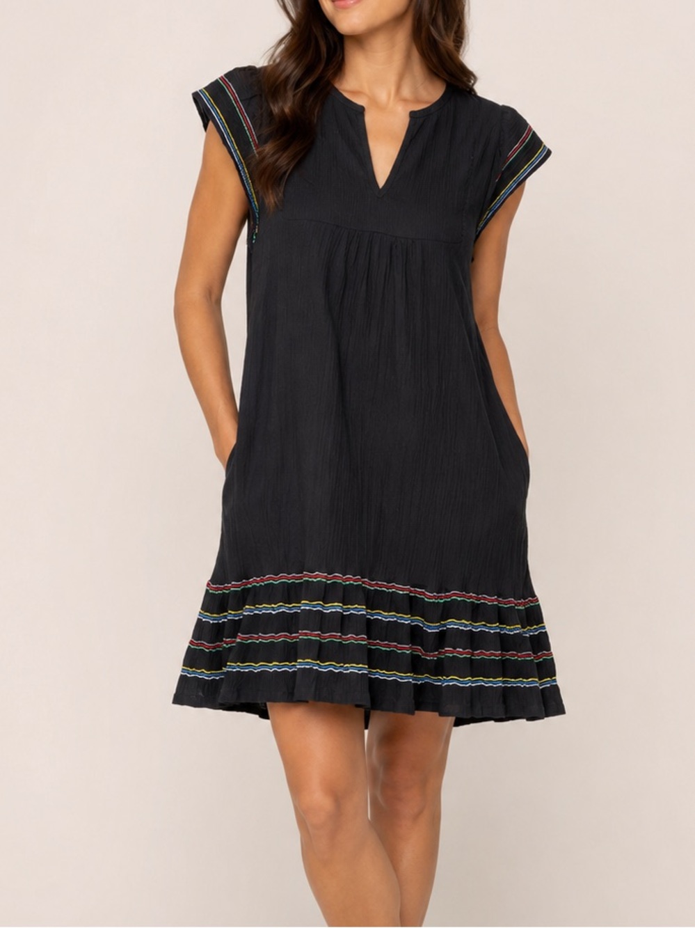 Mer St. Barth Black Embroidered Cotton Flutter Sleeve Mini Dress L